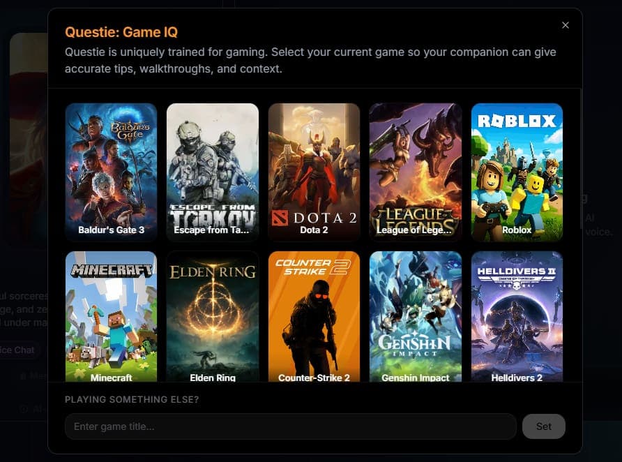 Questie Game IQ - AI Gaming Companion Game Selection